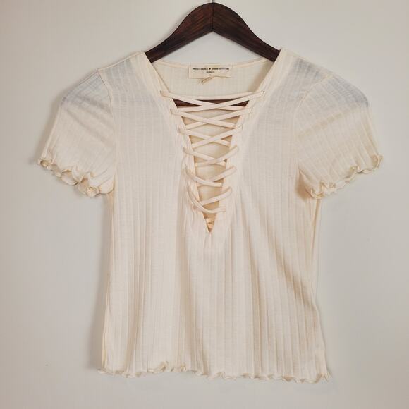 Urban Outfitters Project Social T Lace Up Baby Tee Cream XS - Picture 4 of 9